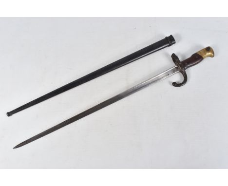 A FRENCH GRAS BAYONET WITH MATCHING SCABBARD, the top of the blade has clear foundry marks and the year 1883, the cross guard