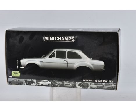 A BOXED 1:18 MINICHAMPS FORD ESCORT I RS 1600 'AVO 1970 MODEL VEHICLE, numbered 180 688100, in silver new condition, housed i