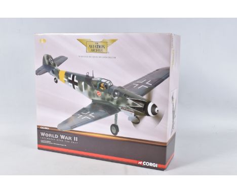 A BOXED CORGI MESSERSCHMITT BF109G-6 MODEL PLANE SCALE 1:72, numbered AA34904, painted grey camo with a yellow stripe to the 