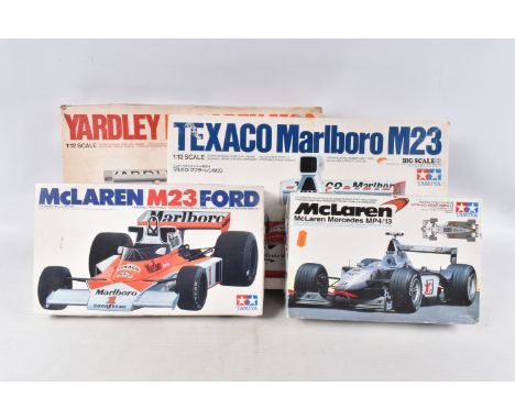 FOUR BOXED UNBUILT TAMIYA MODEL RACECARS, to include a McLaren Mercedes MP4/13, 1:20 scale, No. 46, item no. 20046-2400,  a M