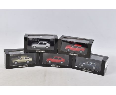 FIVE BOXED ALFA ROMEO MODEL MINICHAMPS COLLECTORS CARS, all 1:43 scale, to include an Alfa Romeo Alfetta GTV 1976 in Blu Olan