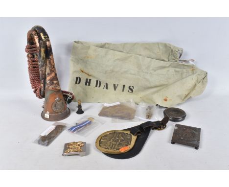 A GOOD SELECTION OF MIXED MILITARIA, including a bed plate, bugle and other items, this lot also includes a trench art lighte