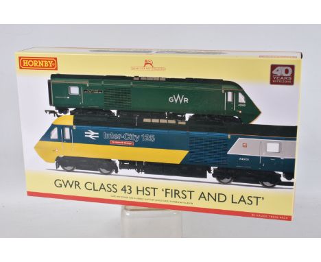 A BOXED HORNBY OO GAUGE MODEL TRAIN PACK, GWR class 43 HST 'First and Last', power car no. 43002 and unmotored power car no. 