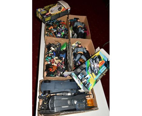 FIVE BOXES OF PLAYWORN AND BOXED BATMAN FIGURES AND MODEL VEHICLES, includes figure names such as Batman, Sandman and the Jok