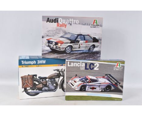 THREE BOXED UNBUILT ITALERI MODEL KITS, to include a Lancia LC2, 1:24 scale, no. 3641, a Triumph 3HW, 1:9 scale, no. 7402, an