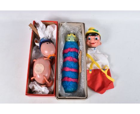 A BOXED PELHAM PUPPET ERMINTRUDE FROM THE MAGIC ROUNDABOUT PUPPET, with a boxed Pelham Caterpillar puppet, the version with t