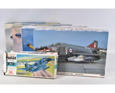 FIVE BOXED HASEGAWA UNBUILT MODEL AIRCRAFT KITS, to include a F-4K/M Phantom II McDonnell Douglas Royal Navy /Air Force, 1:72