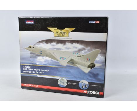 A BOXED CORGI BAC TSR-2 XR219 MODEL PLANE SCALE 1:72 numbered AA38601, painted white/grey with the RAF symbol to the wings, a