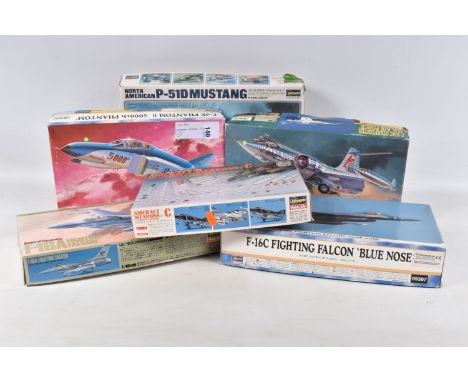 SIX BOXED UNBUILT HASEGAWA MODEL AIRCRAFT KITS, to include a F-4E Phantom II '5000th Phantom', 1:72 scale, no. 00158, an Airc