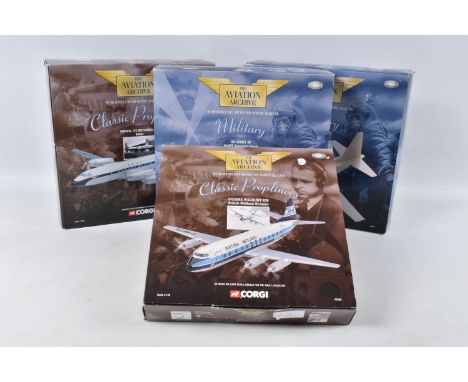 FOUR BOXED CORGI CLASSICS AVIATION ARCHIVE MODELS, all 1/144 scale Classic Propliners Vickers Viscount 836 British Midland Ai