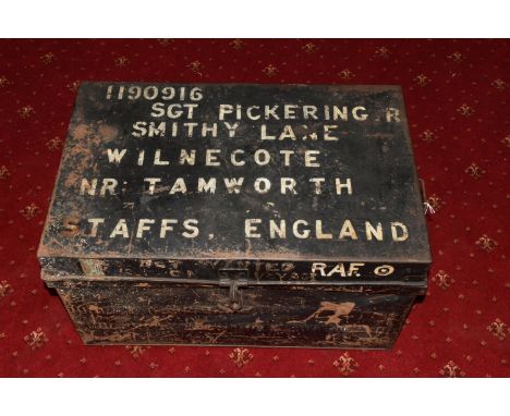 A VINTAGE METAL RAF TIN TRUNK WITH TAMWORTH INTEREST, the top of the trunk is named to 1190916 SGT Pickering who lived at Smi