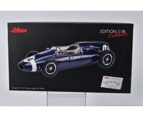 A BOXED SCHUCO COOPER T51 #14   WINNER ITALIAN GP 1959   SCALE 1:18 MODEL VEHICLE, numbered 45 003 2600, painted blue with 14