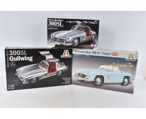 THREE BOXED UNBUILT MERCEDES BENZ CAR KITS, to include a Tamiya Mercedes Benz 300SL, 1:24 scale, no. 24338-4200, an Italeri M