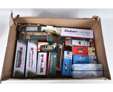 A TRAY OF BOXED MODEL VEHCILES, to include a quantity of Eddie Stobbart trucks by Corgi (59508, 58112), Atlas Editions and Da