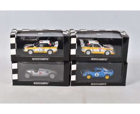 FOUR BOXED MODEL MINICHAMPS COLLECTORS CARS, all 1:43 scale, to include a Lancia Stratos Chardonnet 1st Tour de Corse 1979, n