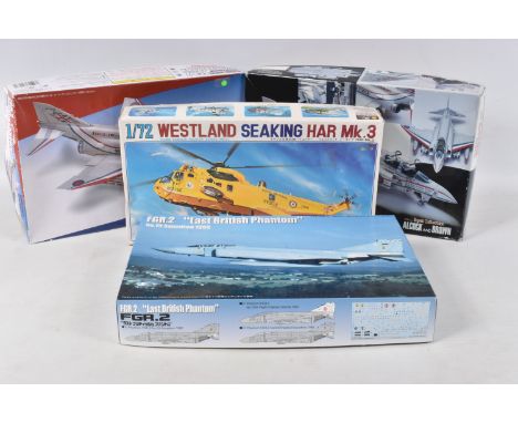 FOUR BOXED UNBUILT FUJIMI MODEL AIRCRAFT KITS, to include a Westland SeaKing Har Mk.3, 1:72 scale, famous fighter series no.3