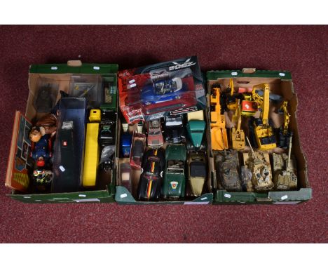 A QUANTITY OF UNBOXED AND ASSORTED PLAYWORN DIECAST VEHICLES, to include three Unimax Tanks, all appear largely complete but 