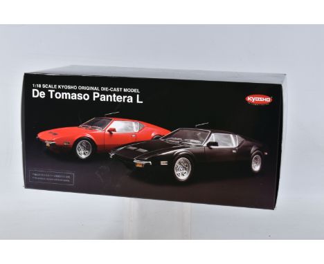 A BOXED KYOSHO DE TOMASO PANTERA L MODEL VEHICLE SCALE 1:18, numbered 08851R, painted red with a black interior, appears in n