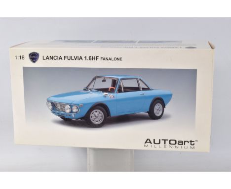 A BOXED AUTOART MODELS LANCIA FULVIA 1.6HF MODEL VEHICLE SCALE 1:18 MODEL VEHICLE, numbered 74702, painted blue with a black 