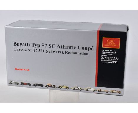 A BOXED CMC 1:18 TYP 57 SC ATLANTIC COUPÉ MODEL VEHICLE, numbered M-085, in black and appears in new condition with stickers 