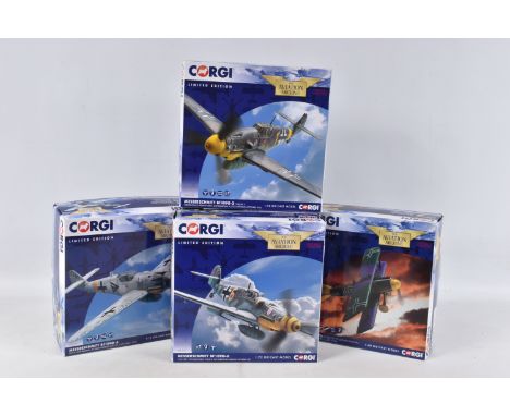 FOUR BOXED LIMITED EDITION CORGI AVIATION ARCHIVE MODEL MILITARY AIRCRAFTS, the first a 1:72 Messerschmitt Bf109G-6 Erich Har