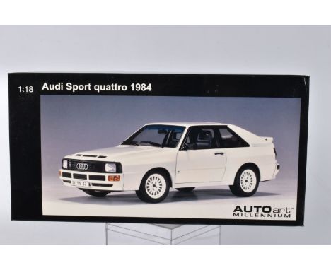 A BOXED AUTOART MODELS AUDI SPORT QUATTRO 84' SWB SCALE 1:18 MODEL VEHICLE, numbered 70312, painted white with black accents 