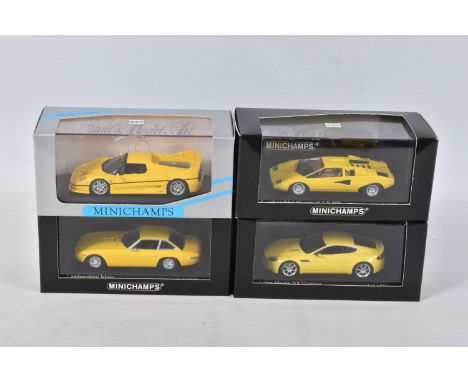 FOUR BOXED MODEL MINICHAMPS COLLECTORS CARS, all 1:43 scale, to include an Aston Martin V8 Vantage in yellow, Presentation in