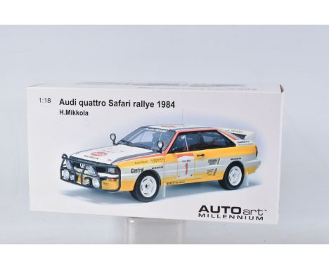 A BOXED AUTOART MILLENNIUM H. MIKKOLA AUDI QUATTRO SAFARI RALLYE 1984 1:18 SCALE MODEL VEHCILE, numbered 88401, white, yellow