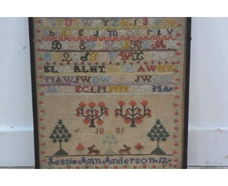 A Victorian sampler by Jessie Ann Anderson aged 12, dated 1885, with alphabet and numbers with garden, on cotton, in glazed f