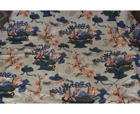 A good pair of printed linen curtains, of  Chinese inspired design with cloisonne vase of flowers, cherryblossom, scholar's b