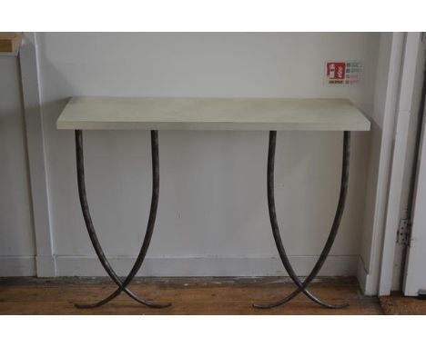 A modern painted top console table, raised on twin anodised metal tapered cross supports (h.98cm x l.110cm x d.35cm)