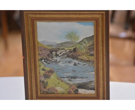 A.E. Eddy, Glen Lyon Perthshire, Newtonmore, oil on panel, signed, paper label verso, dated 1986 (19cm x 14cm)
