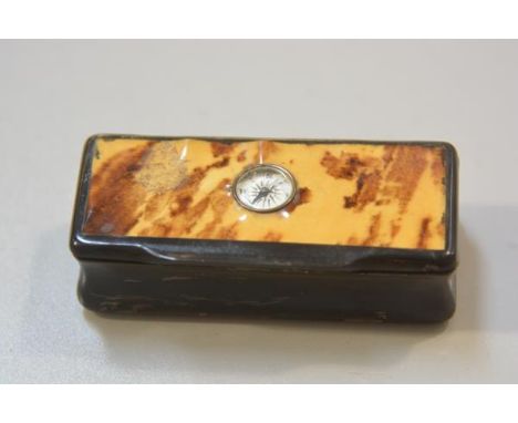 A 19thc horn and tortoiseshell mounted rectangular snuff box with inset compass to top (h. 2.5cm l. 8cm)