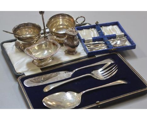 A mixed lot comprising a set of three Edwardian engraved fish servers complete with original box, an Epns sugar basin and cre