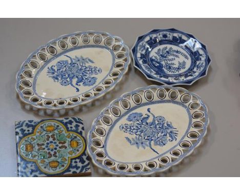 A mixed lot comprising a pair of 19thc china oval floral decorated chestnut basket stands with transfer printed decoration (l