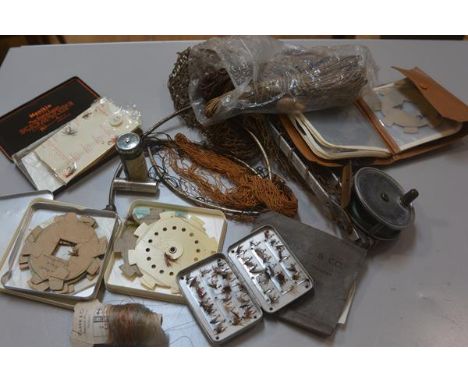 Fishing Interest: a R Turnbull of Edinburgh fly fishing reel with horn handle, two landing nets, a collection of various salm