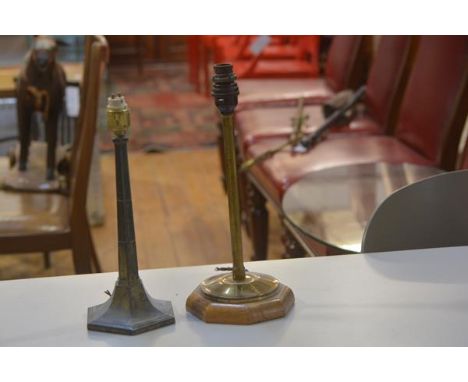 A plated octagonal column table lamp, c.1920 and a brass circular column table lamp on treen base (h. 33cm and 36cm) (2)