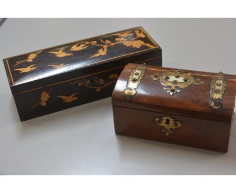 An Edwardian pokerwork style glove box, the rectangular top and front panel decorated with birds and cherry blossom, with pla
