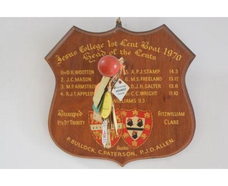 A Jesus College First Length Boat Race Trophy 1970, the handpainted plaque with college coat of arms, winning teams and rower