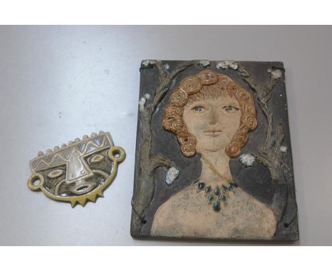 Carolina Valvona, a pottery portrait plaque, Lady with blonde curled hair in an Arbour (26cm x 21cm), and a small Mayan style
