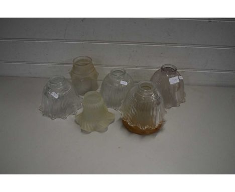 COLLECTION OF VARIOUS GLASS LIGHT SHADES TOGETHER WITH TWO BRASS MOUNTED WALL CANDLE HOLDERS MARKED GWR