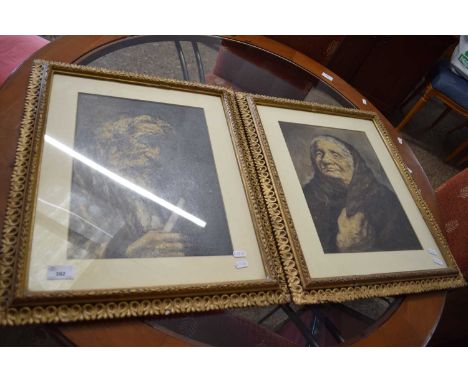 PAIR OF PORTRAIT STUDIES, ELDERLY LADY AND GENT, INDISTINCTLY SIGNED, GILT FRAMED, 56CM HIGH (2)