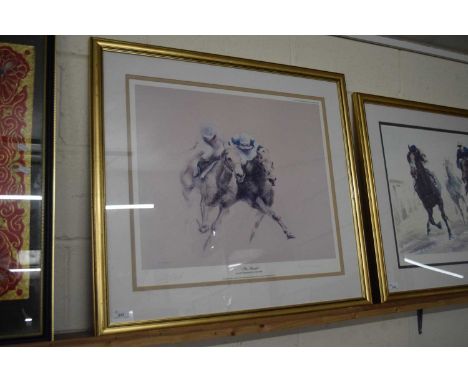 JOHN SKEAPING, THE FINISH LIMITED EDITION COLOURED PRINT SIGNED BY LESTER PIGGOTT AND SIR PETER O'SULLEVAN, FRAMED AND GLAZED