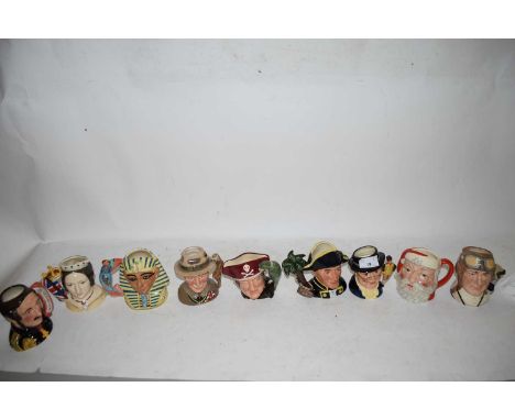 NINE SMALL CHARACTER JUGS TO INCLUDE THE AIR MAN, LONG JOHN SILVER, PRINCE ALBERT, LORD BADEN POWELL PLUS A FURTHER FIGURINE 