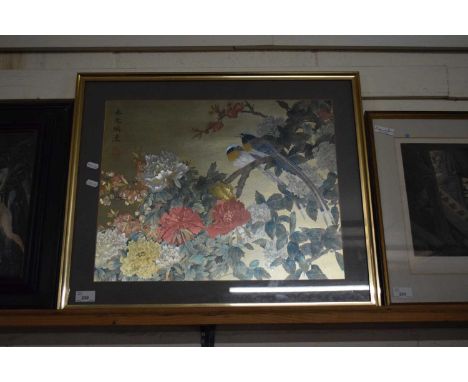 ORIENTAL COLOURED PRINT OF TWO BIRDS AMONGST FLOWERS, FRAMED AND GLAZED 63CM