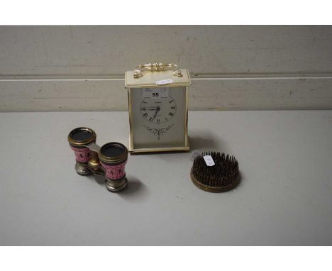 MANTEL CLOCK, OPERA GLASSES, AND A FLOWER VASE WEIGHT