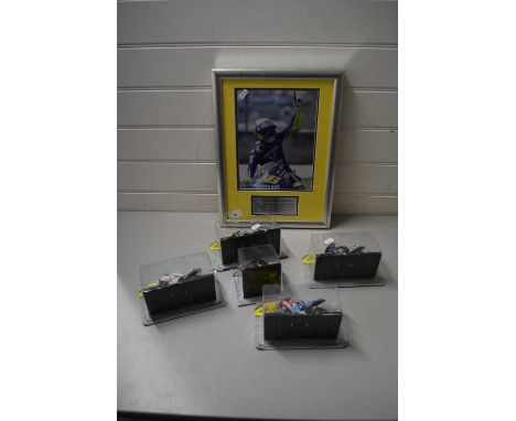 MOTOR CYCLE RACING INTEREST - FRAMED PHOTOGRAPHIC PRINT VALENTINO ROSSI TOGETHER WITH FIVE VARIOUS BOXED MODEL MOTORBIKES