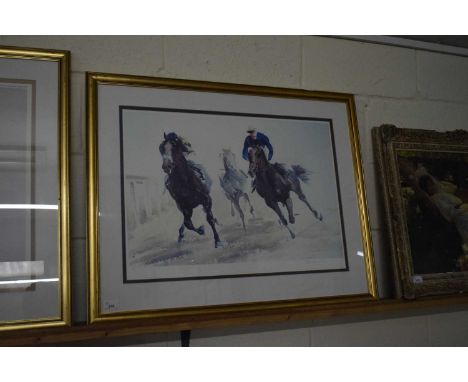 JOHN SKEEPING COLOURED PRINT, RACE HORSES LIMITED EDITION SIGNED IN PENCIL BY PETER O'SULLEVAN, FRAMED AND GLAZED 86CM