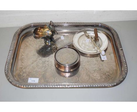 SILK PLATED SERVING TRAY, HIP FLASK ANBD VARIOUS OTHER ITEMS 