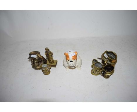 ROYAL DOULTON MODEL OF A BULL DOG TOGETHER WITH VARIOUS SMALL GLASS CHARACTER JUGS AND SMALL BRASS ORNAMENT (8)